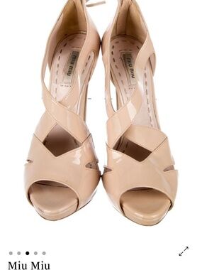 Miu Miu Patent Leather Peep-Toe Heels in Nude Beige